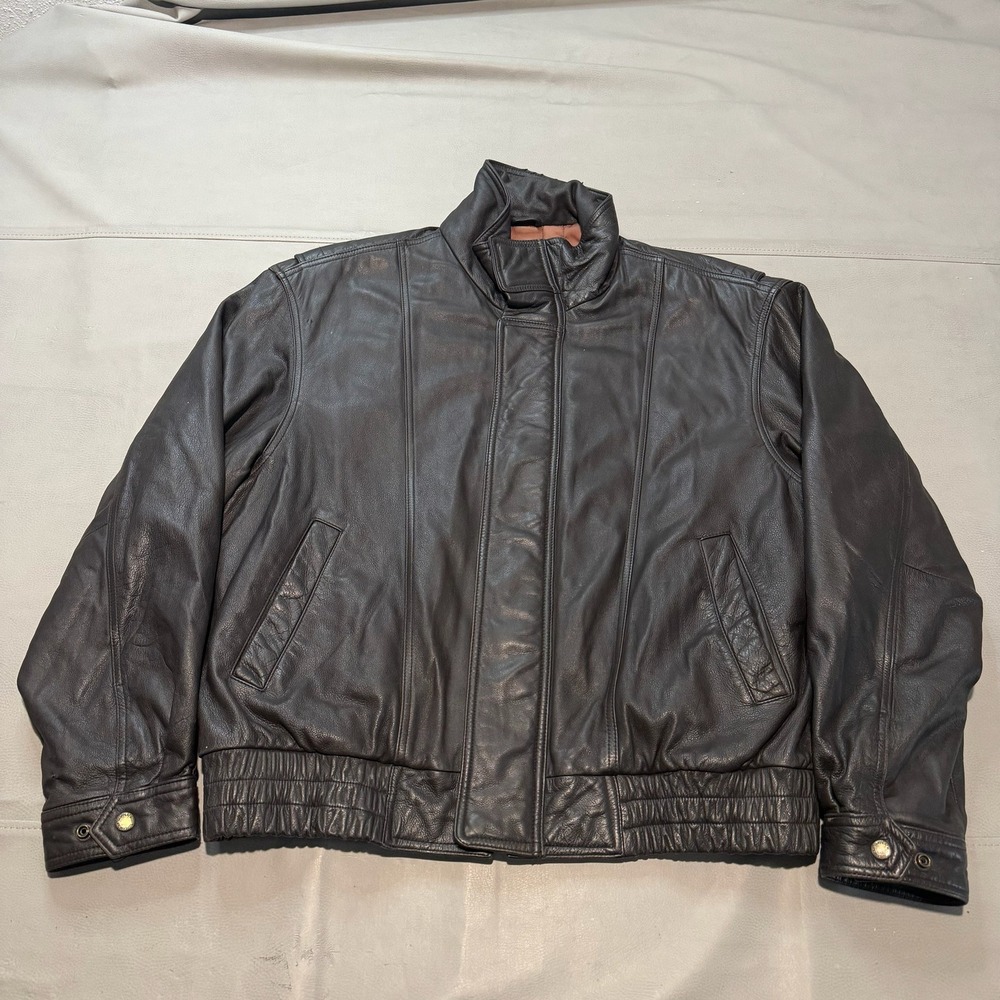 VTG London Fog Leather Bomber Jacket Black Zip A-2 Piolet Grunge SkateL Y2K-XXXX